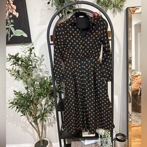 Sweet Salt Polka Dot Shirt Dress XS Black & Rust Button Front Long Sleeve